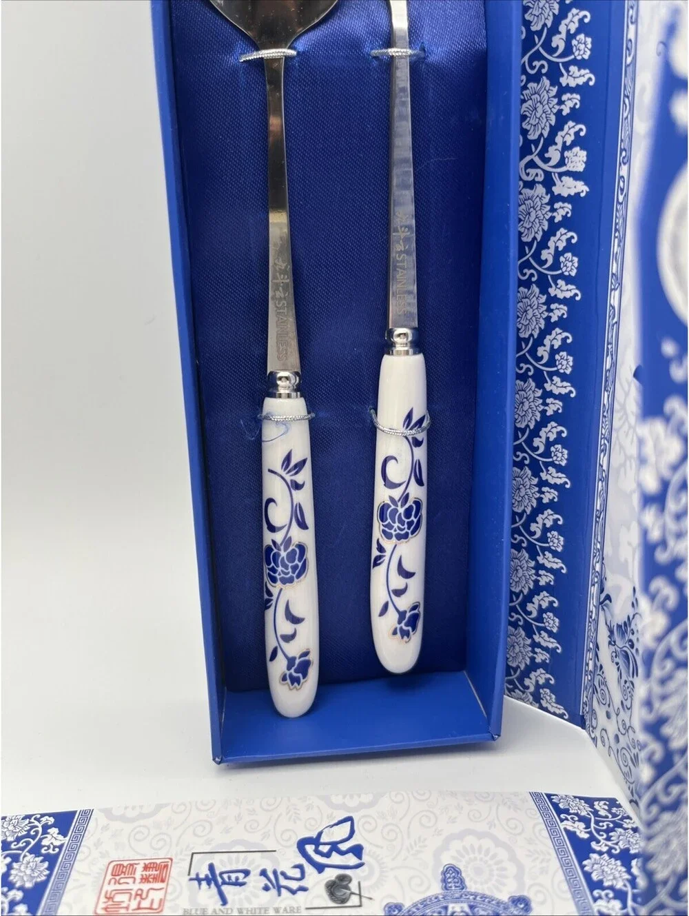 2 Blue White Asian Style Spoon Fork Sets Porcelain Handles Stainless Gift Boxed